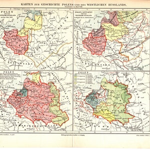May include: A historical map depicting the territories of Poland and Western Russia from the year 1000 to 1772. The map is divided into four sections, each showing a different period in history. The map is in German and includes the text "Karten zur Geschichte Polens und des Westlichen Russlands."