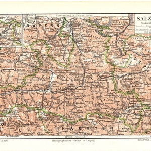 Original Lithographie Karte von Salzkammergut Österreich, Salzburg Alpenvorland Kalkstein Alpenvorland Dachstein aus den 1897er Jahren