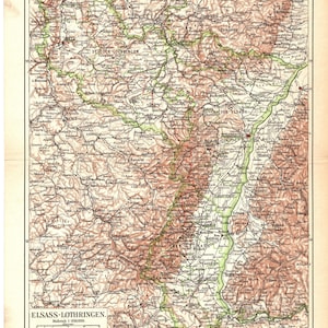 1898 Antike Lithographie-Druck Karte Elsass Lothringen Rheinland Pfalz Deutschland Schweiz Elsass Lothringen