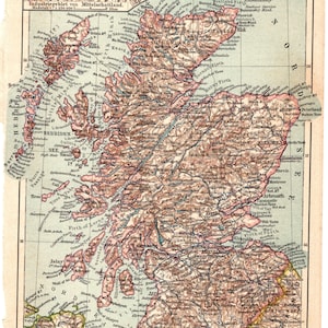 1908 Antike Farblithographiedruck historische Landkarte Schottland Vereinigtes Königreich Nordsee Highlander Edinburgh Glasgow Scottish