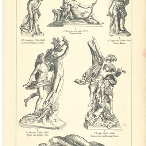 May include: A vintage print featuring six classical sculptures from the French and Italian Renaissance. The black and white illustrations depict figures like Diana, Apollo, and Daphne. The print includes artist names and locations.