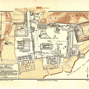 Puede incluir: Un mapa en blanco y negro de la antigua ciudad griega de Olimpia, que muestra la disposición de los edificios y las estructuras. El mapa está titulado "Plan der Ausgrabungen von Olympia" e incluye el texto "Bildtelegraphisches Institut in Leipzig".
