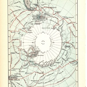 Original 1897 Impresión de litografía en color antiguo - Hermoso mapa del Polo Sur Latitud del hemisferio sur verdadera Australia Santa Hielo Nieve