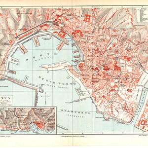 May include: A vintage map of Genoa, Italy, showing the city's layout and harbor. The map is printed in red and black on a light blue background. The map includes the text "GENUA" and "Nuovo Porto".