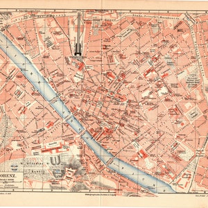 Original 1907 Antike lithographie drucken von karte schöne karte der stadt florenz italien toskana fluss fluss Arno geschichte kultur