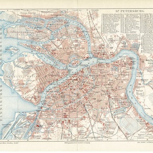 Original 1897 Antike Farb Lithographie Druck Karte der Stadt St. Petersburg - Stadt Russland Ostsee Newa Zar Russisches Zarenreich
