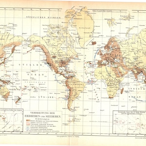 May include: A vintage map depicting the distribution of earthquakes and volcanoes across the globe. The map is in German and uses a colour-coded key to show the intensity of seismic activity. The map is titled "VERBREITUNG DER ERDBEBEN UND SEEBEBEN."