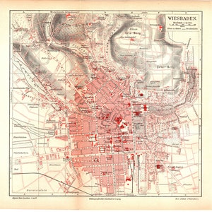 Original 1897 Impresión de litografía en color antiguo de un hermoso mapa Wiesbaden Hesse Rin Río Mainz Alemania central Frankfurt Main Darmstadt