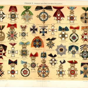 Impression lithographique couleur antique originale de 1897 Médailles du monde entier Orden prix de service bijoux récompense militaire décoration état courage