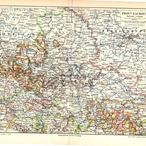 Original 1897 Antique Colour lithography print of a beautiful map of the Provenance of Saxony Germany Sachsen Brandenburg Thuringia Bavaria