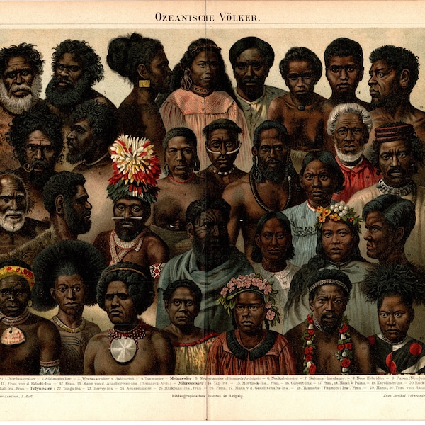 Original 1897 Antique Colour lithography print Oceanic peoples Ozeanische völker Australian Oceanic native race art nation culture ethnicity