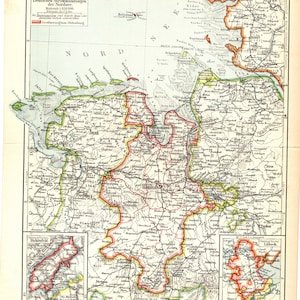Puede incluir: Un mapa vintage de Oldenburg, Alemania, que muestra las fronteras del Gran Ducado de Oldenburg, con el texto "Oldenburg, Deutschen Strommündungen der Nordsee, Maßstab 1:850000, Großherzogtum Oldenburg" en la parte superior. El mapa está en tonos de verde, amarillo y rojo, con ríos y lagos marcados en azul.