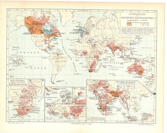 Original antik färglitografi från 1897 av en vacker historisk karta, utveckling, brittiska kolonier, samväldet, London, imperiet, drottning