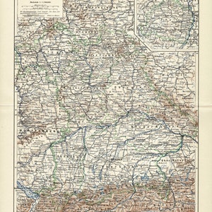 Original 1897 Antiker Lithographiedruck einer schönen Landkarte von Bayern Deutschland - München München Augsburg Salburg Landshut Nurnberg