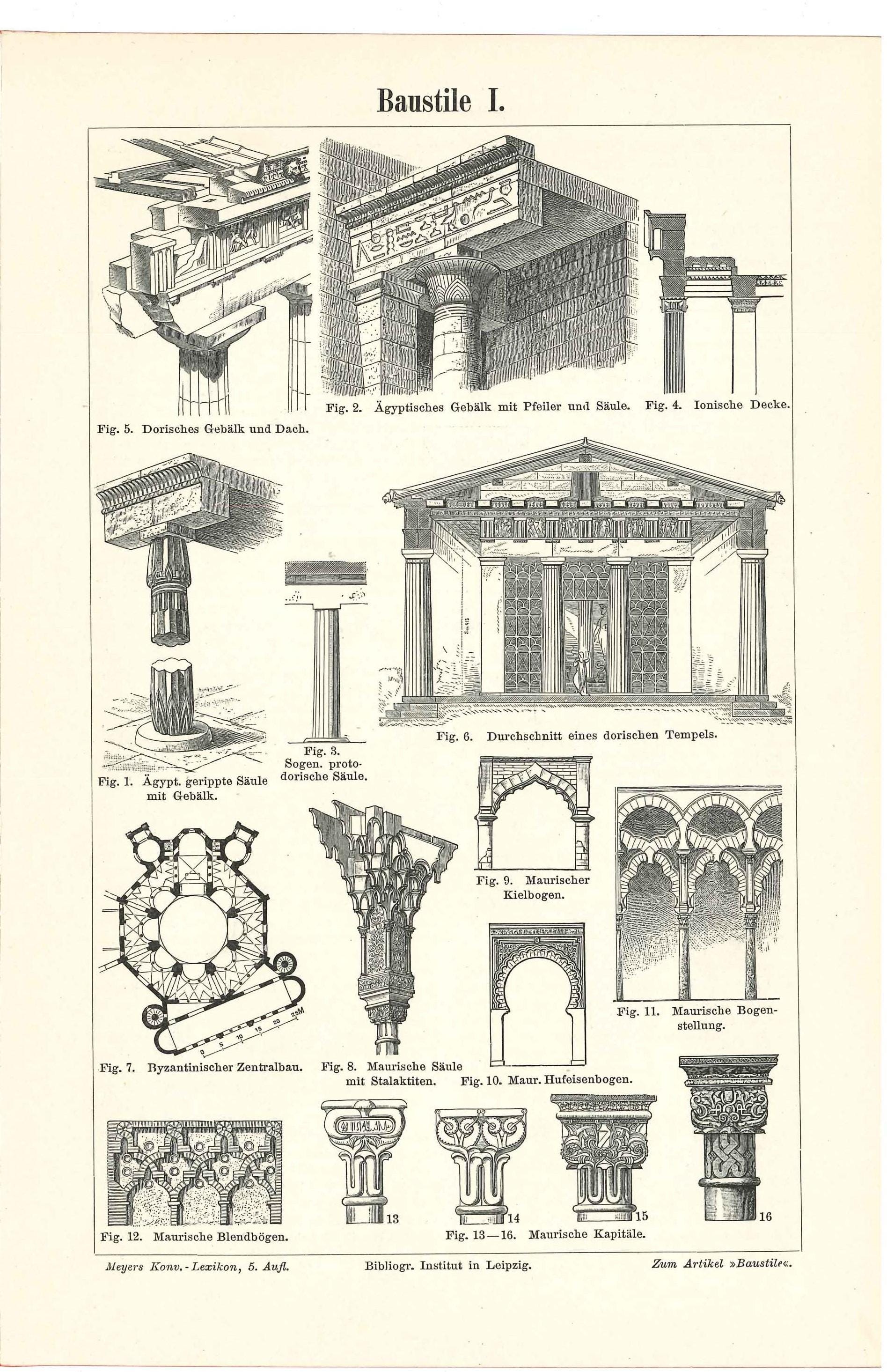 Original 1894 Antique Lithography Print Ancient Columns Säulenordnungen ...