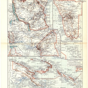 Impression lithographie couleur ancienne originale de 1896 d'une belle carte des colonies néerlandaises Deutsche Kolonien impérial Otton Alliés Afrique Sint
