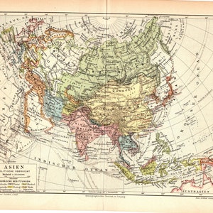 Original 1893 Antique Colour lithography print of a physical geographic map Asia Russia Siberia China India Europe Africa Japan north pole