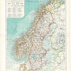 Original 1897 couleur antique impression lithographie carte Suède Norvège Finlande Europe nordique océan Atlantique mer Scandinavie péninsule Mayen art