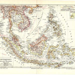 Original-1893 Antiker Farblithographiedruck einer schönen Karte der Indochinesischen Halbinsel und des Malaiischen Archipels Pazifik Indochina