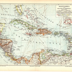 Original 1897 Antike Farb Lithographie Druck eine schöne politische Karte von Westindien und Mittelamerika Guatemala Honduras Jamaika
