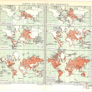 May include: A historical map print titled KARTEN ZUR GESCHICHTE DER ERDKUNDE II featuring six world maps with light orange shaded regions indicating geographical knowledge progression from antiquity to the present, with black text labels.