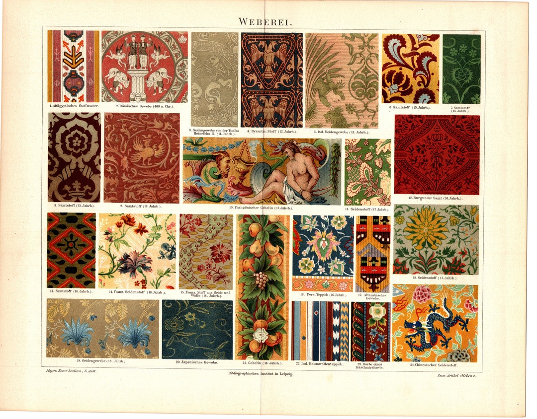 Historical Textiled Patterns Original 1897 Antique Colour Lithography Print of Historical Patterns ...