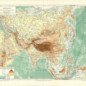 Original 1894 Antike Farblithografie Karte von Asien print eines physischen geographischen und politischen Russland Indien Nord Mongolei Europa