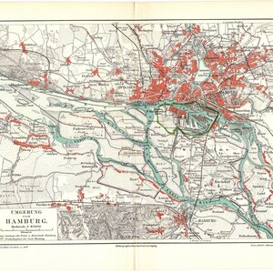 Impression lithographie couleur originale de 1893 d'une carte des environs de Hambourg Allemagne Hanséatique Basse-saxe Elbe Alster Université de Bille