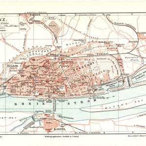 Original 1897 Antique Colour lithography print map Mainz western Germany Rhine River Rhineland-Palatinate Frankfurt Johannes Gutenberg