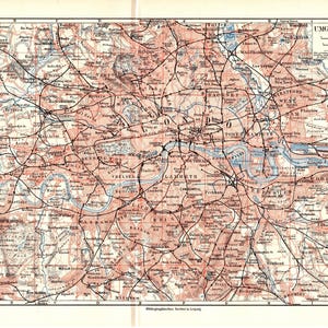 Impressão antiga grande e colorida original de 1897 de um mapa do centro de Londres, Inglaterra, rio Tâmisa, Westminster, Reino Unido, Trafalgar Square, Eye, Tower Bridge