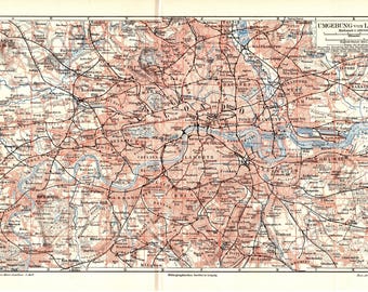 Original 1897 large antique colour print of a map of central London England river Thames Westminster UK Trafalgar Square Eye Tower Bridge