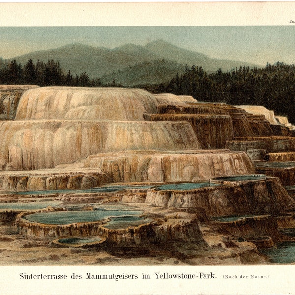 Original 1897 Antique Colour lithography print of the Mammoth Hot Springs Terraces in Yellowstone park USA United States of America Montana