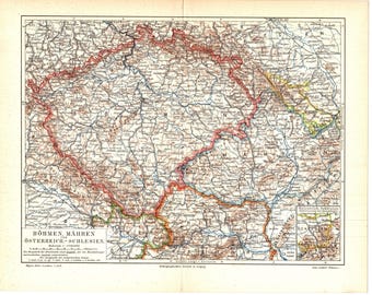 Antieke kaart van Bohemen, Moravië en Oostenrijks Silezië, Tsjechische landen, regio Praag, jaren 1890, vintage Meyers Encyclopedie cartografie muurdecoratie