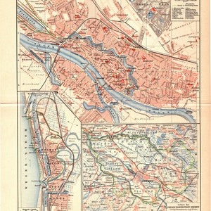 Impression lithographie couleur ancienne de 1893 d'une belle carte de la ville de Brême en Allemagne en Europe Histoire de l'Euro central Voyage d'art