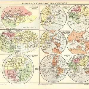 Original 1907 Antiker lithographiedruck von karten geographie der welt nach Herodot Ptolemäus Vesconte Homann Schoner Beham