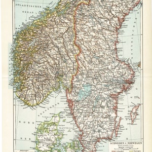 Original-Lithographie-Druckkarte von 1897, Schweden, Norwegen, Finnland, Europa