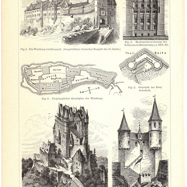 Original 1897 Antique lithography print historic castles Hedingham Gieben Frankreich Donjon Carcassonne Eisenach Marienburg Mosel Nechrstein