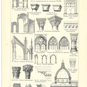 Puede incluir: Un diagrama arquitectónico en blanco y negro titulado "Baustile II" con varias ilustraciones de elementos arquitectónicos románicos y góticos, incluyendo arcos, columnas y secciones de edificios.