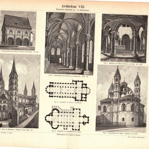 May include: A black and white illustration of various architectural styles from the Romanesque period. The image includes a church, a cloister, and a plan view of a church. The text in the image reads "Architektur VIII. Romanische Baukunst (12. Jahrhundert)"