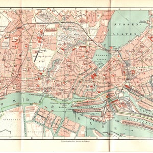 Original 1895 Antike lithographie print Große Karte von Hamburg Altona Deutschland Elbe dänische Monarchie Holstein Pinneberg Glückstadt