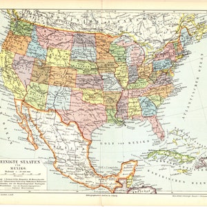 Impression lithographique couleur antique originale de 1897 d’une belle carte politique des États-Unis d’Amérique États-Unis Amérique du Nord Canada