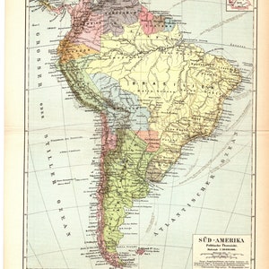 Original 1893 Antiker Lithographiedruck einer wunderschönen Landkarte von Südamerika mit Brasilien Argentinien Chile Peru Bolivien Kolumbien