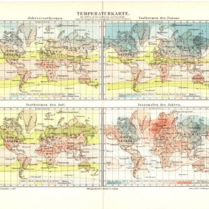 Impression lithographique couleur ancienne originale de 1897, carte climatique historique de l'Europe, réchauffement climatique, température, météorologie, humidité, chaleur atmosphérique