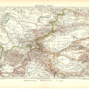 Original 1897 Antike farbige Lithographie-Druckkarte Zentral Asien Tibet Afghanistan Türkei Himalaya Nepal Indien Kaspisches Meer China Mongolei