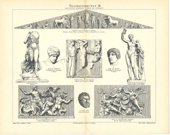 Original 1897 Antique Colour lithography print of different sculptures from the Greek artistry Olympia and Pergamos History and Culture Art