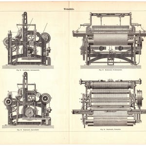 May include: A vintage illustration of four different types of weaving looms. The looms are labeled with German text: "Kraftfeld, Seidenmühle", "Kraftfeld, Vollenmühle", "Kraftfeld, Querenmühle", and "Kraftfeld, Grenemühle".