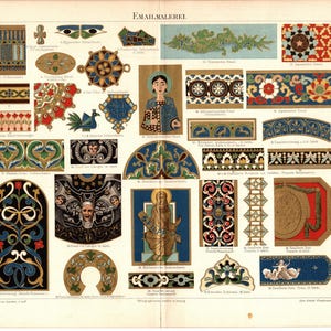 May include: A vintage illustration of various enamel painting designs. The designs feature geometric patterns, floral motifs, and religious figures. The illustration is labeled "Emailmalerei" and includes numbered descriptions of each design.