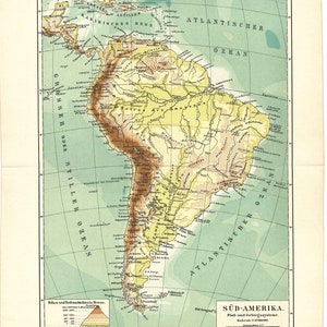 Original 1894 Antike lithographie print Landkarte von Südamerika mit Brasilien Argentinien Chile Peru Bolivien Kolumbien