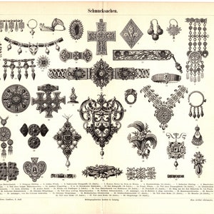 Original 1897 Antique Colour lithography print of different types of vintage antique jewellery Germany silver gold necklace bracelet earing