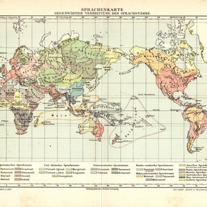 1907 Antiker Farblithographiedruck einer ethnographischen Karte der Verbreitung von Sprachen und Sprache auf der ganzen Welt Völker und Kulturen